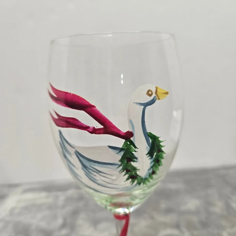 Christmas Goose Hand Painted Wine Glass Holiday Wreath Red Scarf Swirl Stem